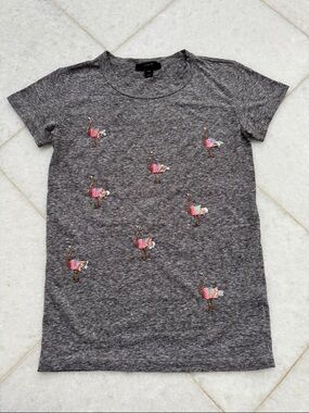 J. Crew Gray Short Sleeve Tee with Pink Sequin Flamingos XXS